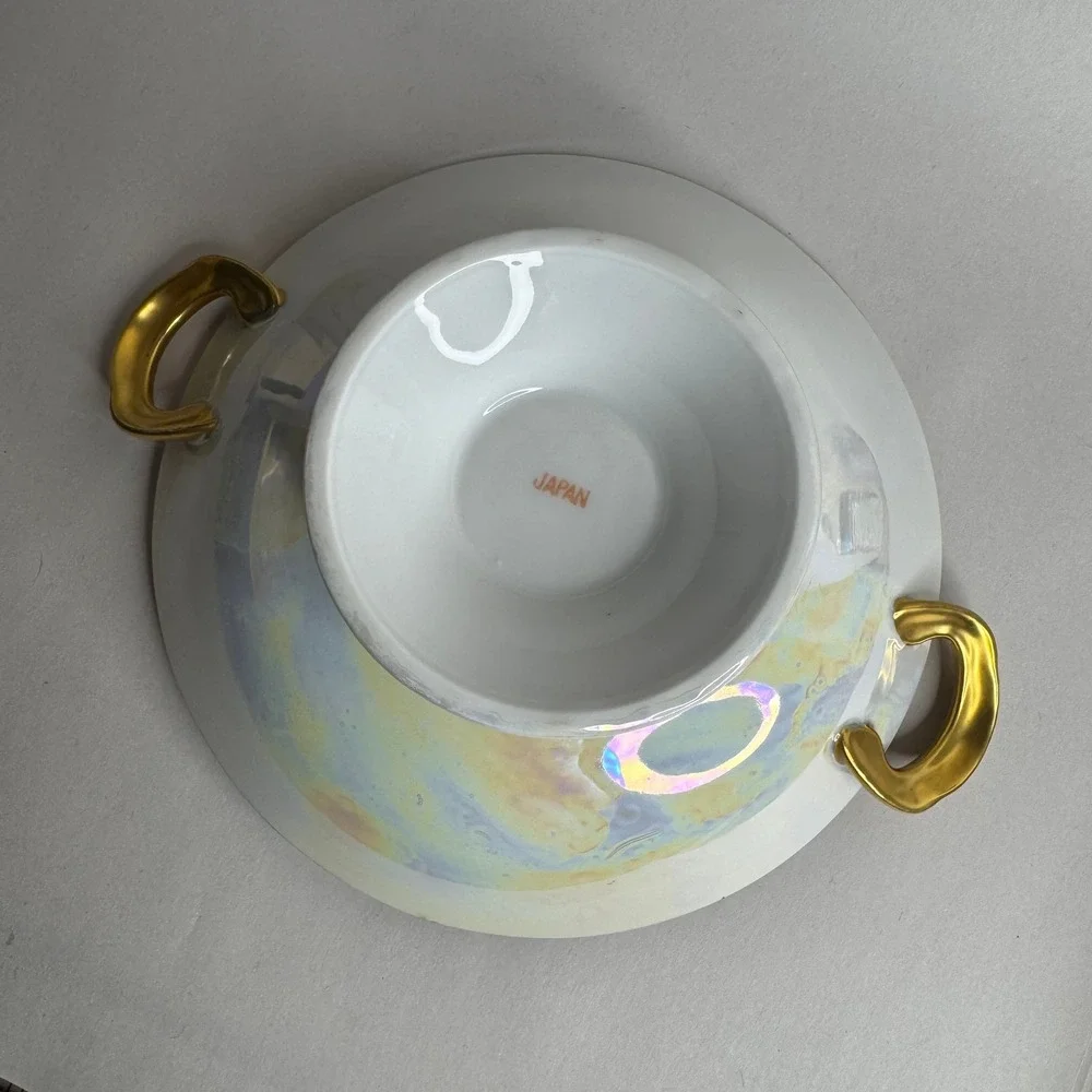 Vintage Japan Hand Painted Porcelain Footed Bowl Floral‎ Gold Trim Lusterware